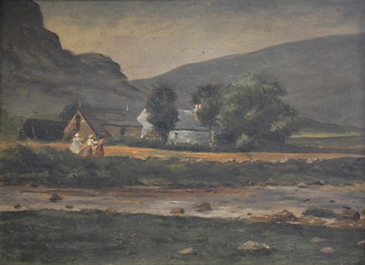 Lot 155 - Scottish School, Cottages and figures by a river
