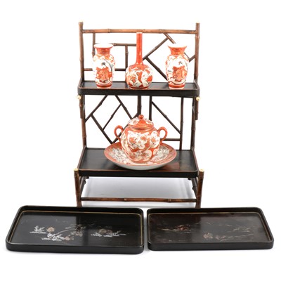 Lot 82 - Japanese Bamboo table stand, lacquered trays, and Kutani ware.