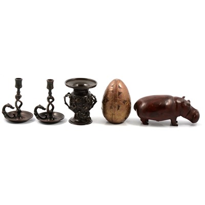 Lot 136 - Cast metal Chinese vase, pair of metal candlesticks, carved wooden Hippopotamus, etc