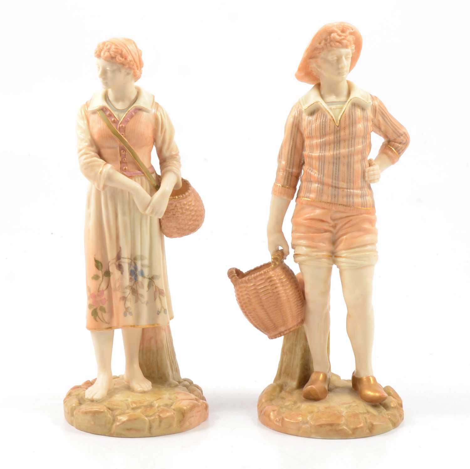 Lot 16 - Pair of Royal Worcester French fisherman and companion figurine.