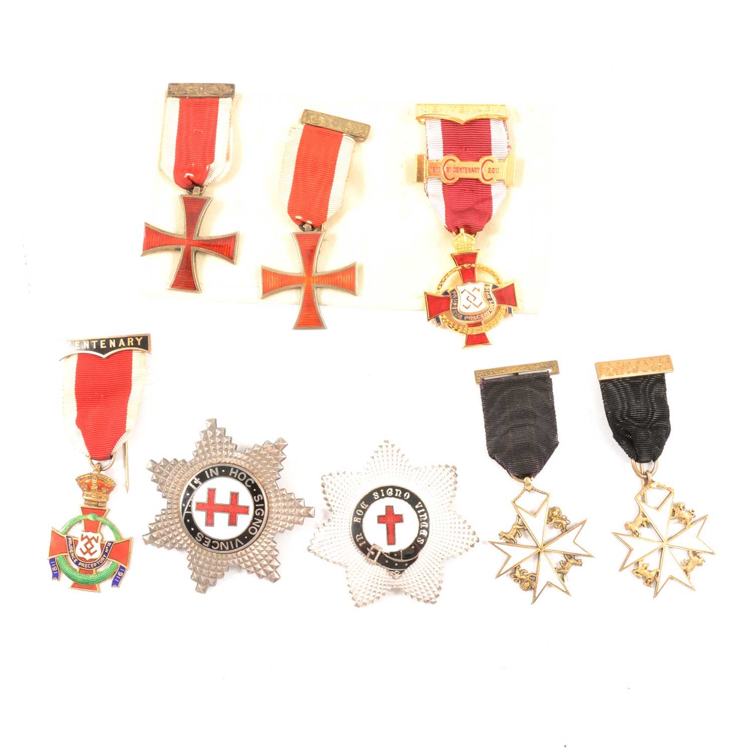 Lot 133 - Masonic interest - Eight silver and metal Knights Templar Crosses, Maltese Crosses, Star of Lorraine badges..