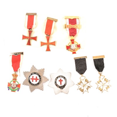 Lot 133 - Masonic interest - Eight silver and metal Knights Templar Crosses, Maltese Crosses, Star of Lorraine badges..