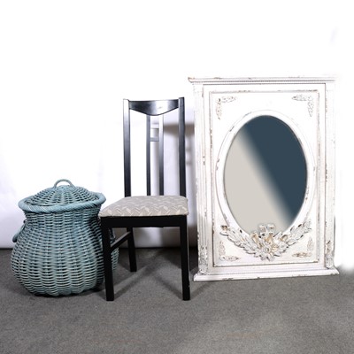 Lot 375 - Single ebonised chair, modern wall mirror, and a wicker laundry basket