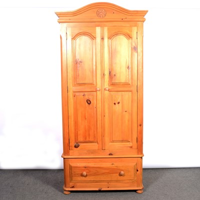 Lot 350 - Modern pine wardobe with drawer base, a pine bookcase and a small bedside cabinet