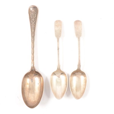 Lot 234 - Pair of silver spoons, William Hope, Exeter 1830, and a Victorian silver serving spoon.