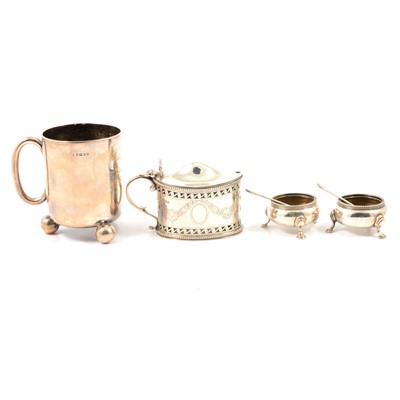 Lot 243 - Silver christening cup, Fenton Brothers, Sheffield 1884, pair of silver salts and a silver mustard.