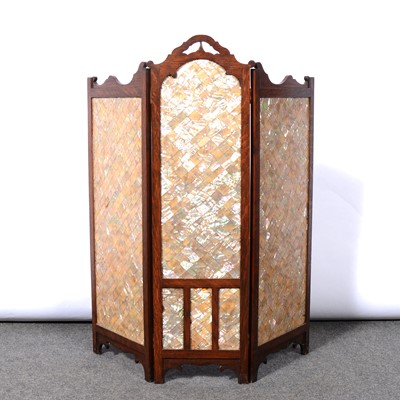 Lot 222 - Oak and mother of pearl three-fold table screen.