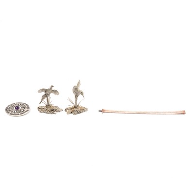 Lot 237 - A silver bracelet, pewter brooch and two pewter bird models.