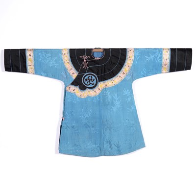 Lot 167 - Chinese silk short robe, blue ground, black collar and cuffs