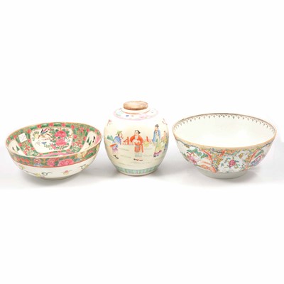 Lot 82 - Chinese polychrome jar, three Canton bowls and Japanese bowl.