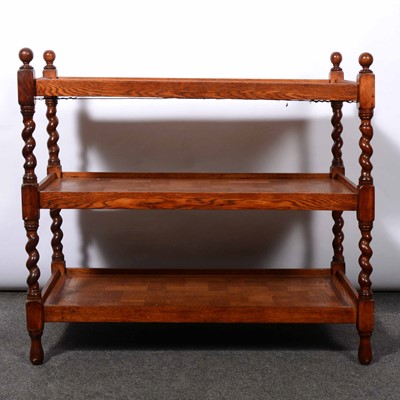 Lot 292 - Oak marquetry three-tier table with barley twist legs.