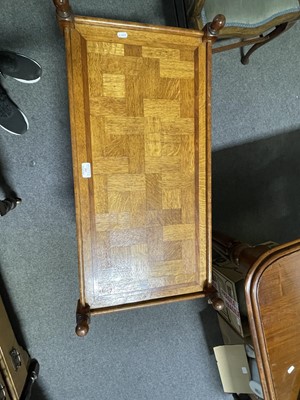 Lot 292 - Oak marquetry three-tier table with barley twist legs.