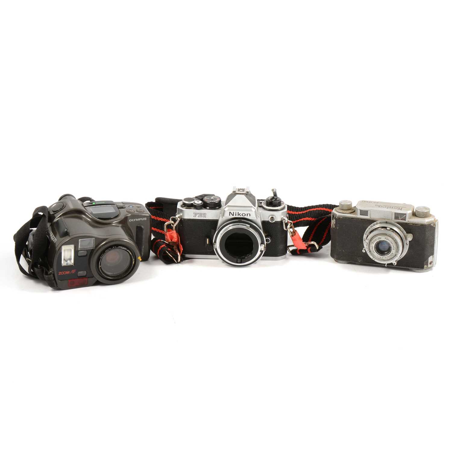 Lot 122 - Vintage cameras and binoculars, one box including a Nikon FE2 SLR body