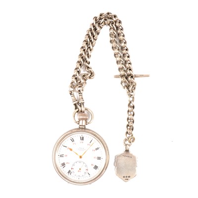 Lot 363 - A silver open face pocket watch and double Albert watch chain.