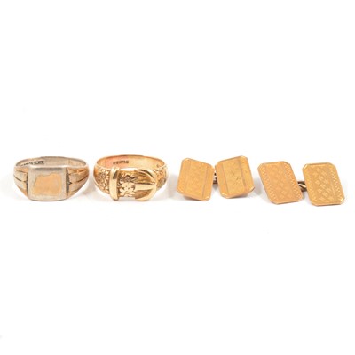 Lot 74 - A 9 carat gold buckle ring, cufflinks and silver ring.