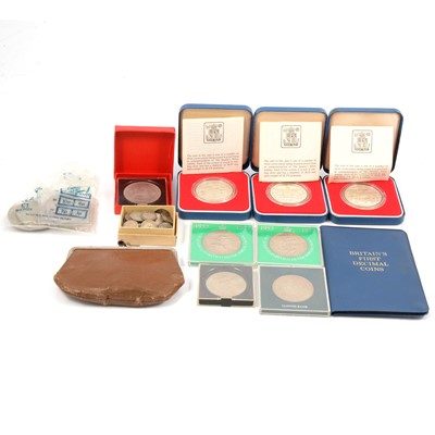 Lot 108 - Three silver Commemorative Crowns, silver 3d pieces, Victorian coins.
