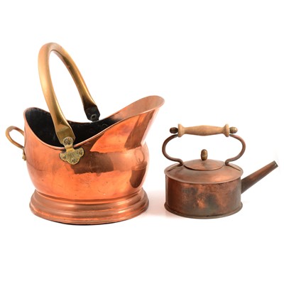 Lot 159 - Two copper coal scuttles; copper log bin; kettle; and planter.