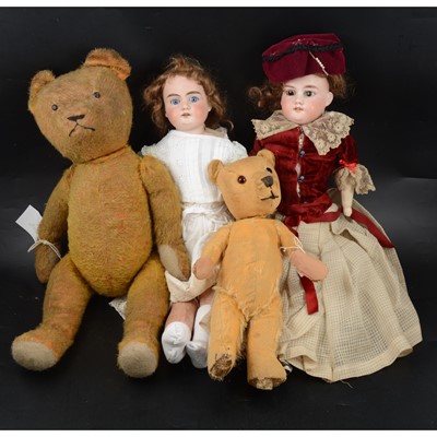 Lot 328 - Four Bisque head dolls and teddy bears, including Armand Marseille.