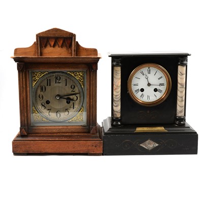 Lot 142 - Victorian slate and marble mantel clock, and a wooden cased mantel clock.