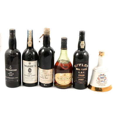 Lot 180 - Four bottles of vintage port, a bottle of Albagnan armagnac, and a Bells whisky decanter