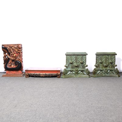 Lot 459 - Two carved wooden capitals,  a Thai carved panel, and a stand.