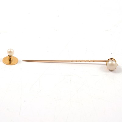 Lot 217 - An 18 carat gold pearl set dress stud and tie pin.