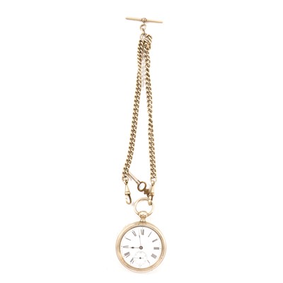 Lot 279 - A small white metal open face pocket watch on a nickel Albert watch chain.