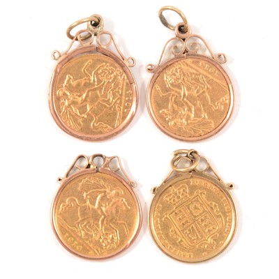 Lot 101 - Four Gold Half Sovereign pendants.