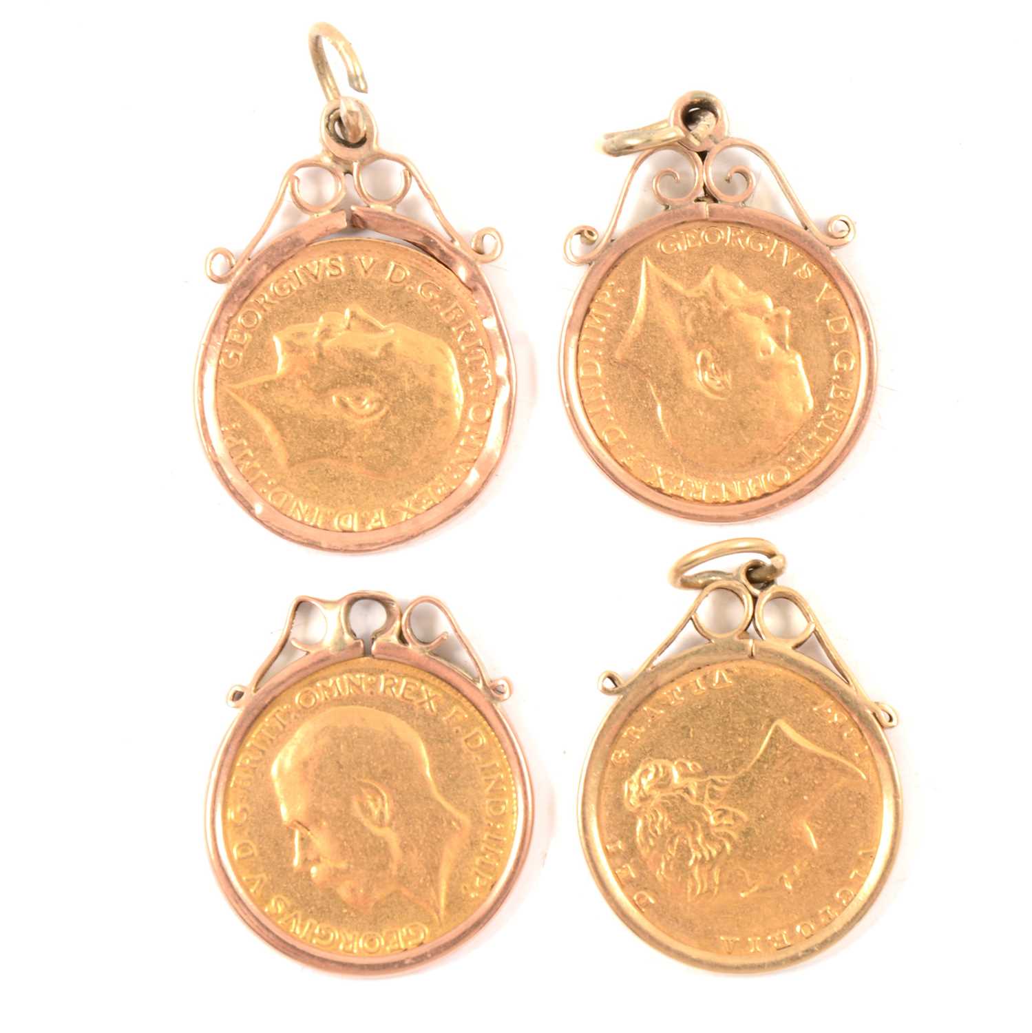 Lot 101 - Four Gold Half Sovereign pendants.
