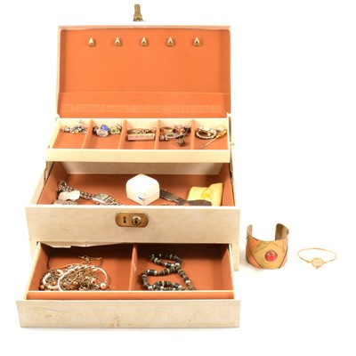 Lot 435 - A collection of silver and costume jewellery, in a cream-coloured jewellery box.