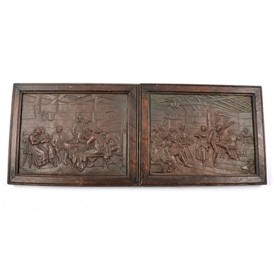 Lot 164 - Pair of Victorian copper plaques and a pair of lacquered brass wall lights