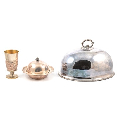 Lot 161 - Silver-plated meat platter, serving dishes and goblet.