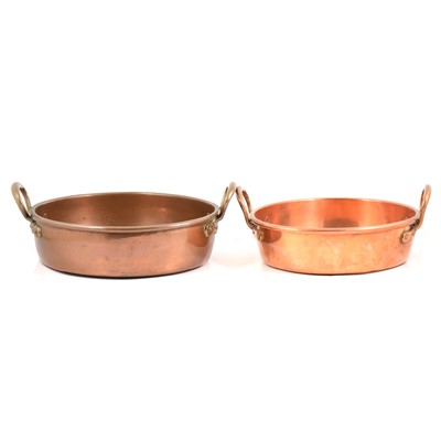 Lot 134 - Two copper jam pans and a copper kettle.