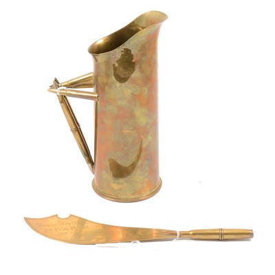 Lot 147 - Trench art jug and knife, pair of brass candelabra, and Bartholomew's New Reduced Survey Maps.