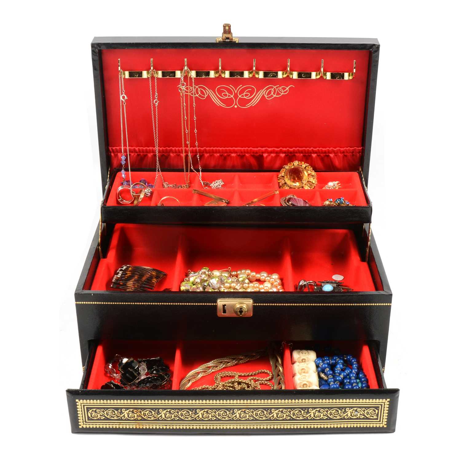 Lot 292 - A three tier jewellery box with vintage costume jewellery.