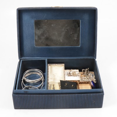 Lot 283 - A jewellery box with an enamel fob watch and silver jewellery.