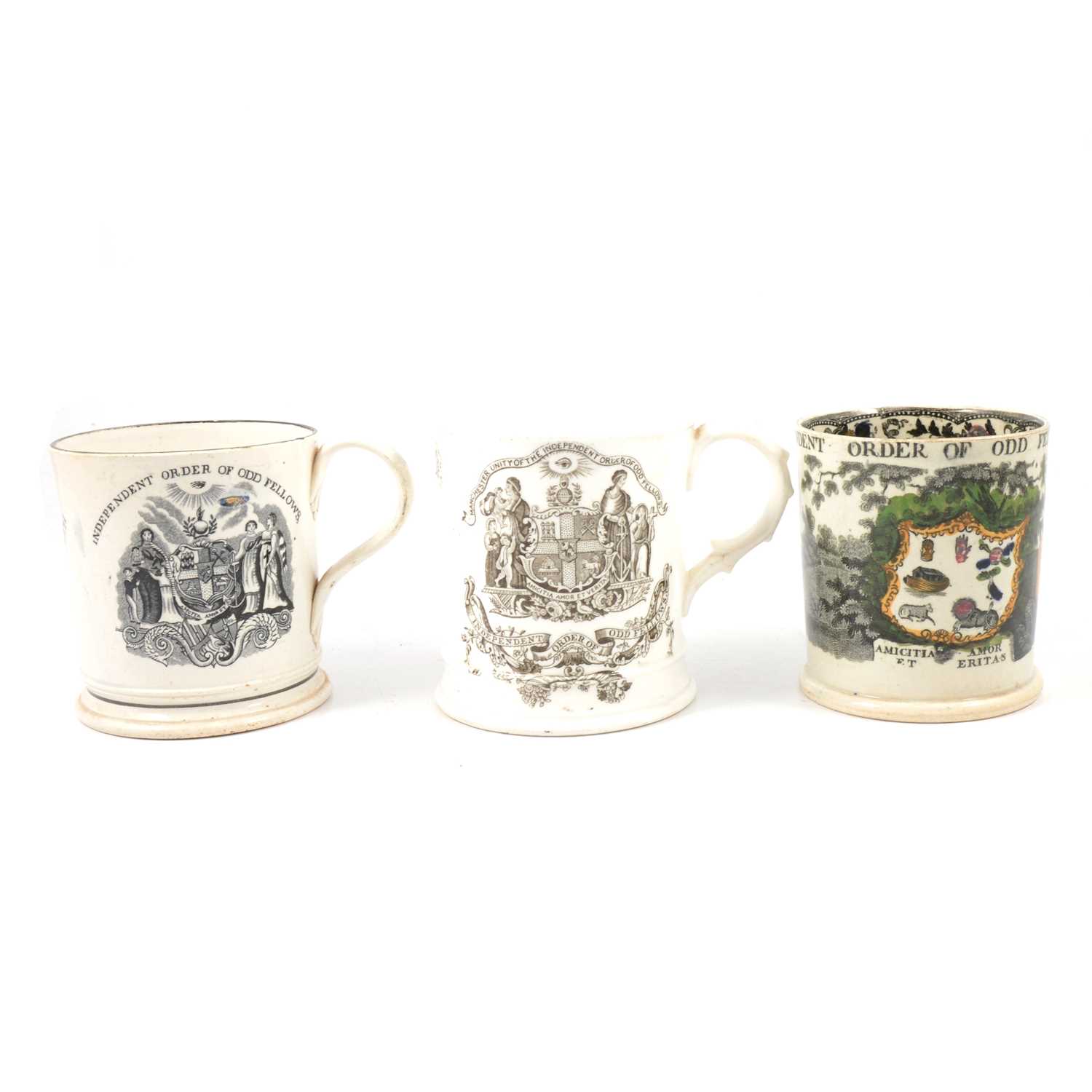 Lot 55 - Three 19th century Pearlwear mugs, Order of Oddfellows transfers