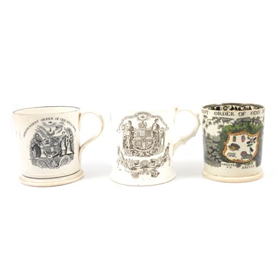 Lot 55A - Three 19th century Pearlwear mugs, Order of Oddfellows transfers