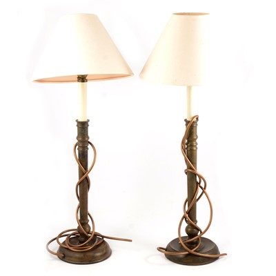 Lot 168 - Pair of modern brass lamps, candlestick form, height 61cm.