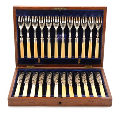 Lot 157 - Victorian rosewood box; oak case of plated fish knives and forks