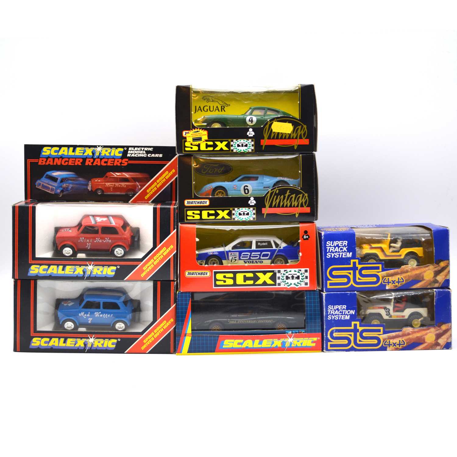 Lot 377 - Eight Scalextric and Matchbox slot car racing cars including Jaguar 200th Anniversary edition