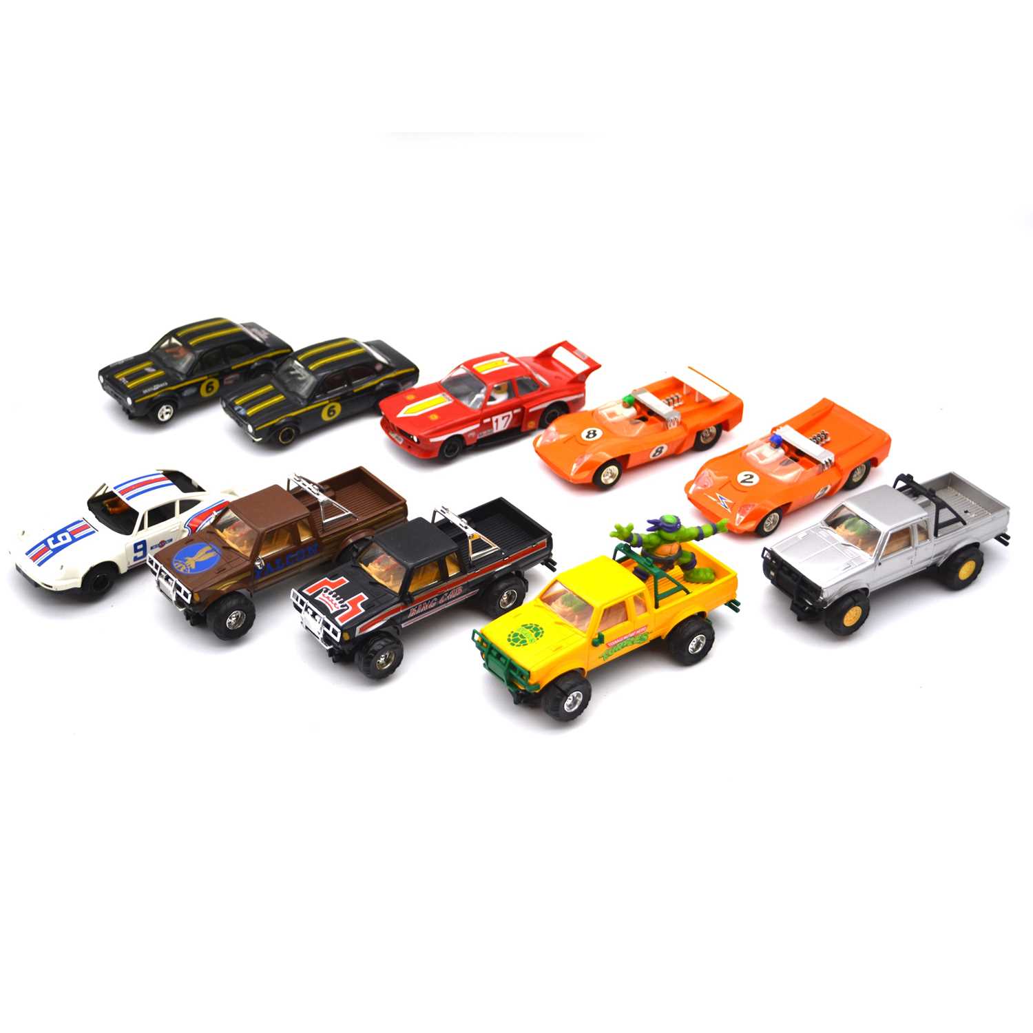 Lot 369 - Ten Scalextric slot car racing loose cars including ref C422 Datsun Pick-up, Ninja Turtles.