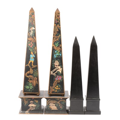 Lot 152 - Pair of modern 'Toleware' japanned obelisks, 56cm, and another slate effect pair