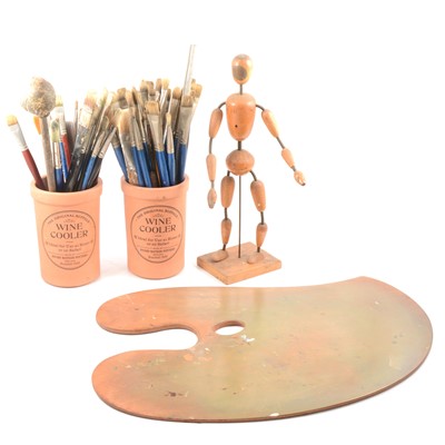 Lot 155 - Collection of artist's brushes, adjustable mannequin, and palette board