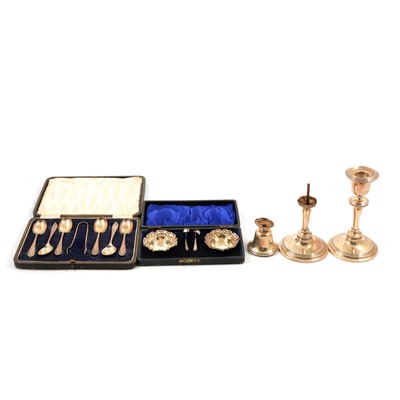 Lot 257 - Pair of silver candlesticks, Clark & Sewell, Chester 1922, and other small silver items.