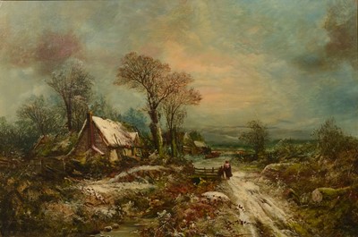 Lot 455 - Harry Foster Newey, Winter landscape with figures by cottages