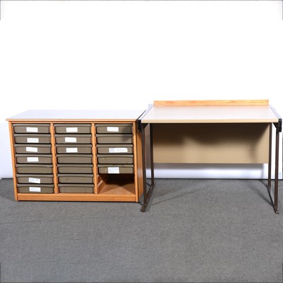 Lot 489 - Modern beech chest with plastic drawers, and an industrial desk.