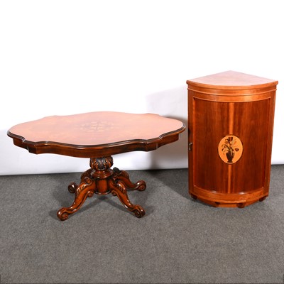 Lot 464 - Reproduction walnut marquetry occasional table and an inlaid corner cupboard