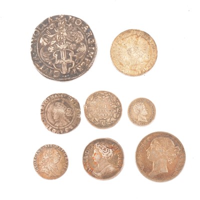 Lot 182 - Eight English and European silver coins from 16th to 19th century.
