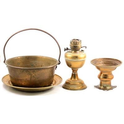 Lot 133 - Quantity of brassware including hanging glass oil lamp.